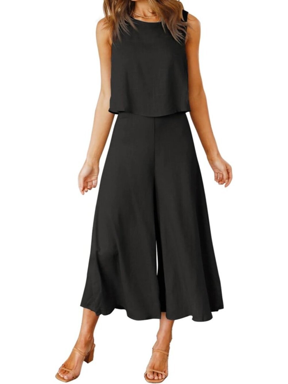 Women's Summer 2 Piece Black Round Neck Crop Top Cropped Wide Leg Jumpsuit